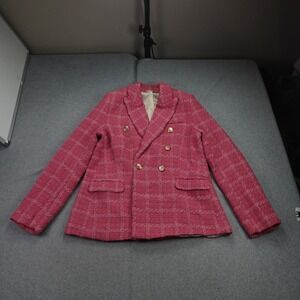 Sunday Up Blazer Womens Large Pink Plaid Double Breasted Tweed Jacket